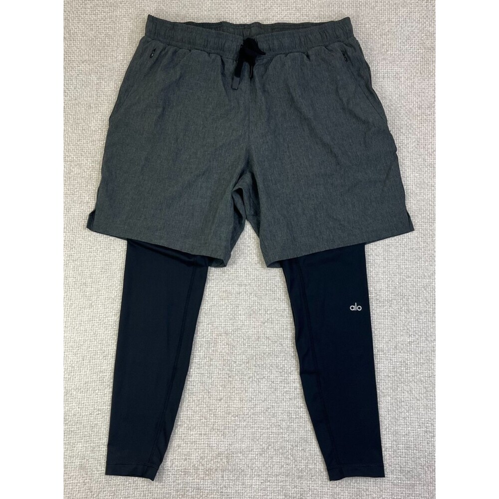 ALO Yoga Stability 2-in-1 Tights Shorts Men's XL Gray Black Zip Pocket Made USA